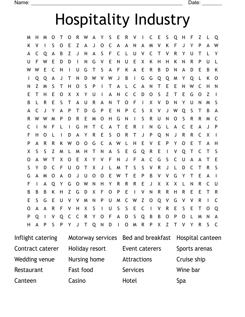 Hospitality Industry Word Search