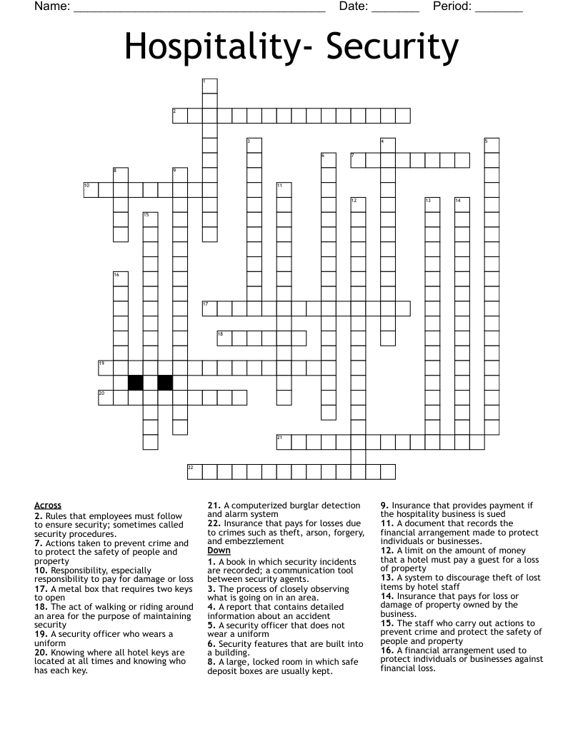 Hospitality- Security Crossword