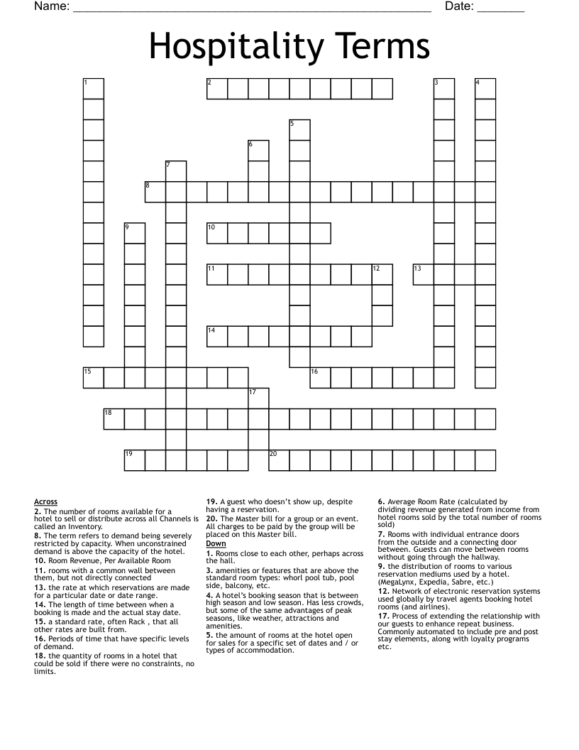Hospitality Terms Crossword