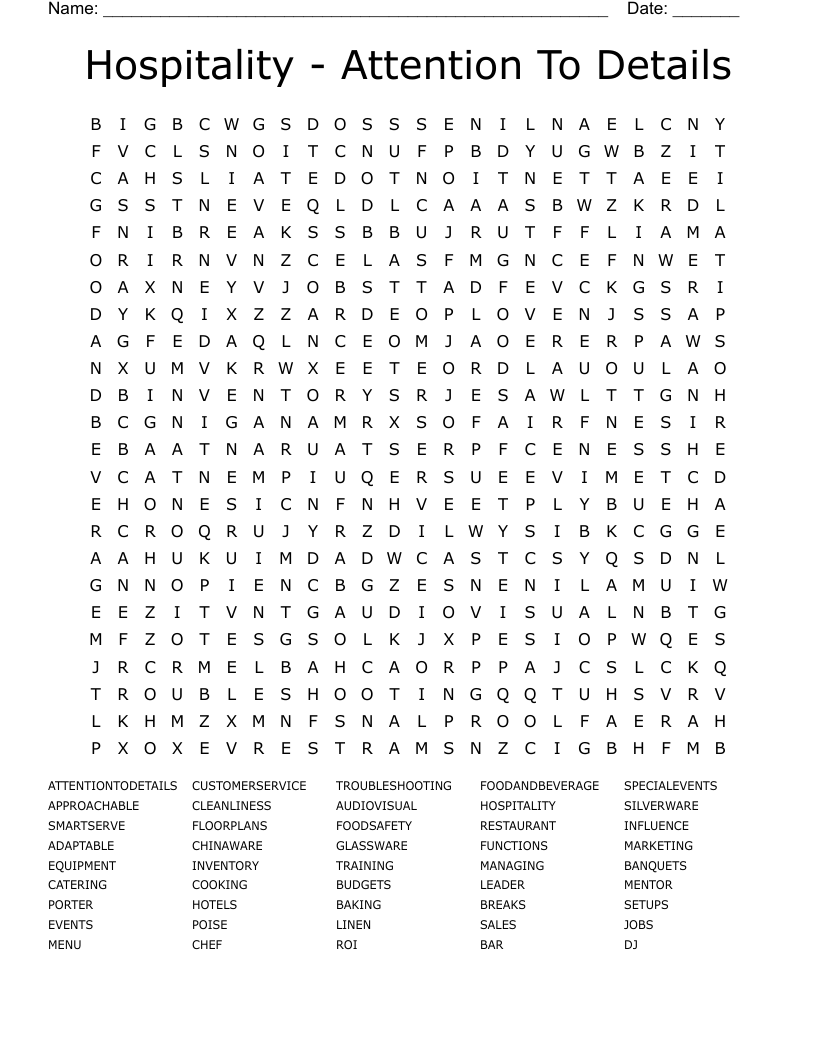 Hospitality - Attention To Details Word Search