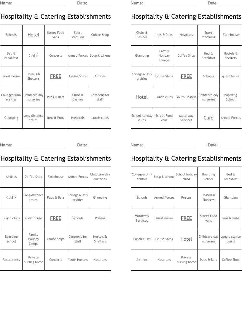 Hospitality & Catering Establishments Bingo Cards