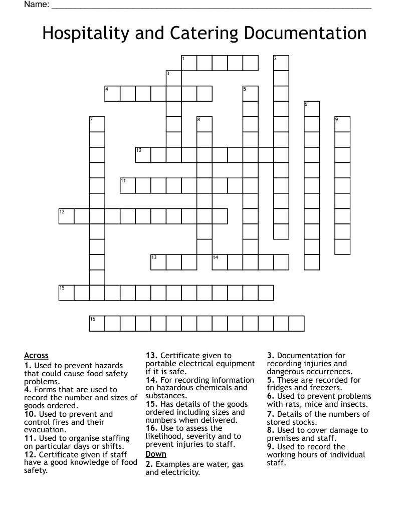Hospitality and Catering Documentation Crossword
