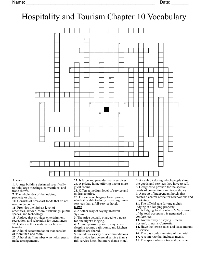 Hospitality and Tourism Chapter 10 Vocabulary Crossword