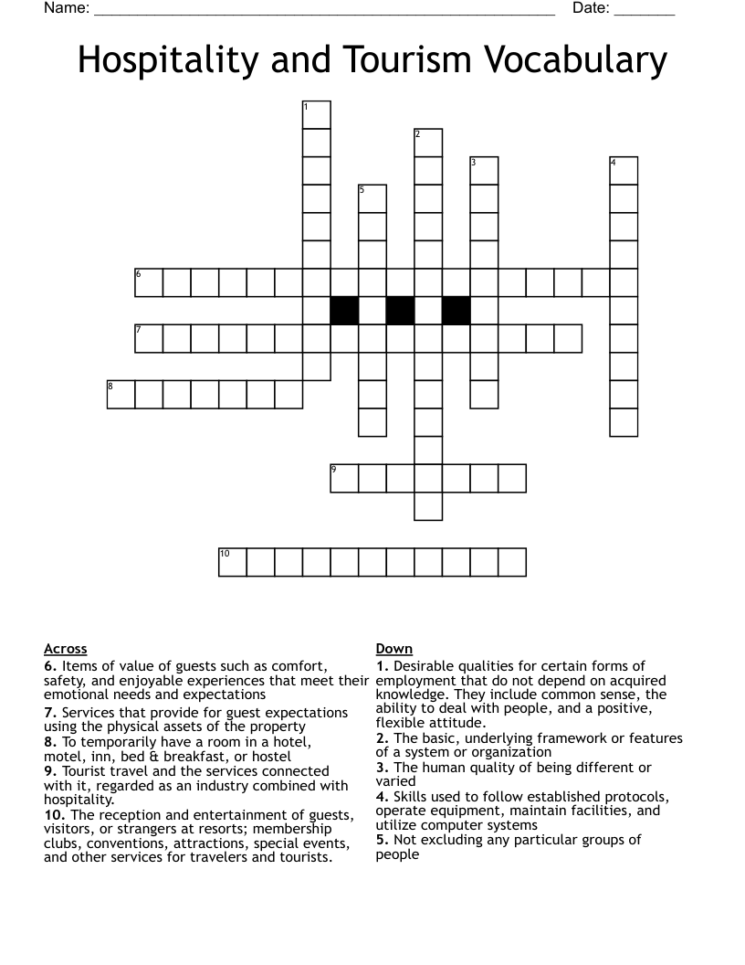 Hospitality and Tourism Vocabulary Crossword