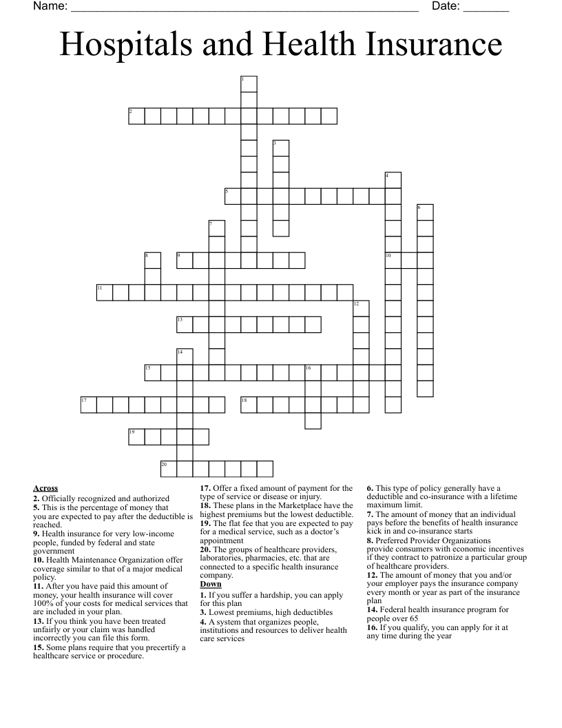 Hospitals and Health Insurance Crossword