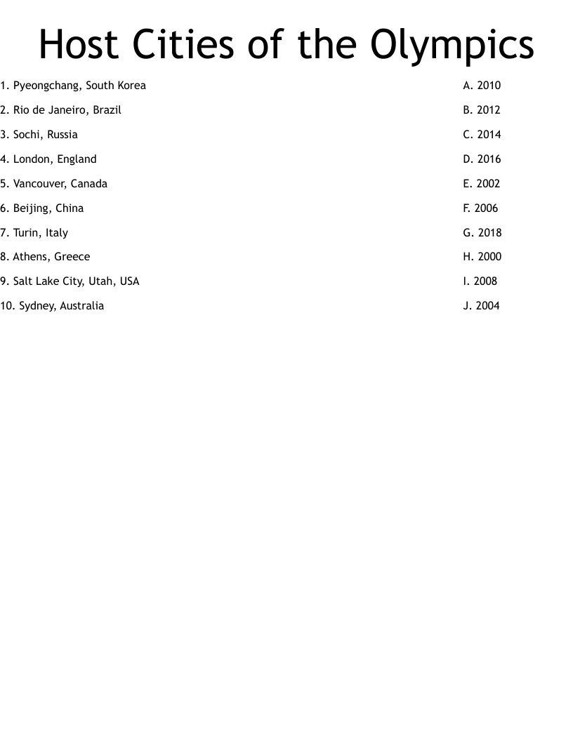 Host Cities of the Olympics Worksheet