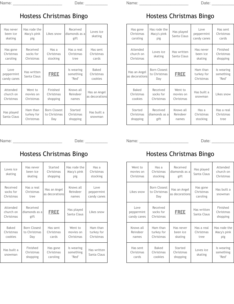 Hostess Christmas Bingo