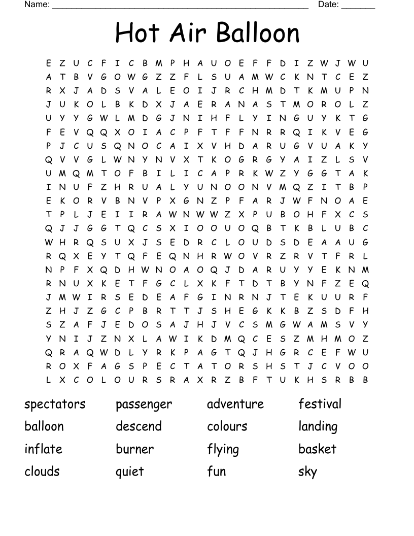 Hot Air Balloon Word Search