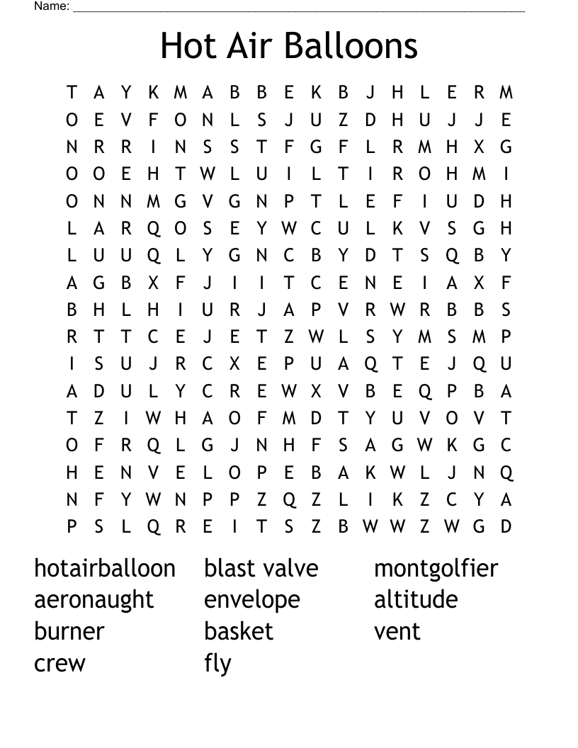 Hot Air Balloons Word Search