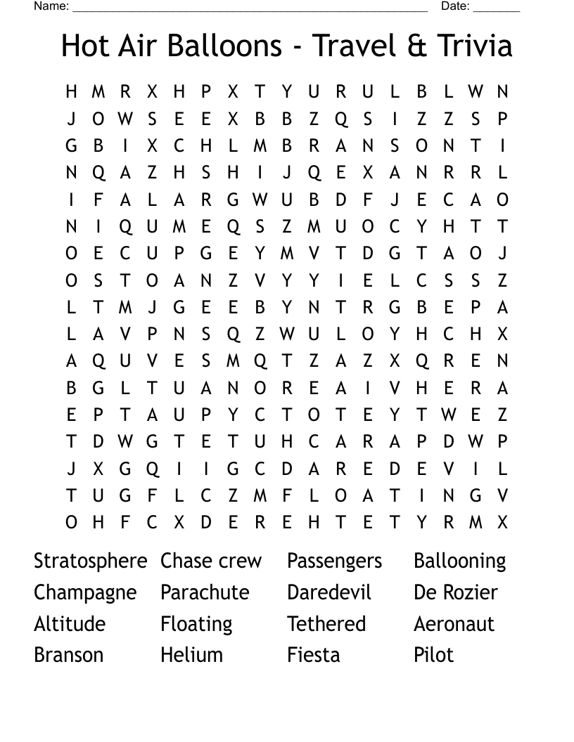 Hot Air Balloons - Travel & Trivia Word Search