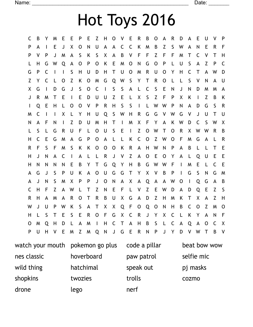 Hot Toys 2016 Word Search