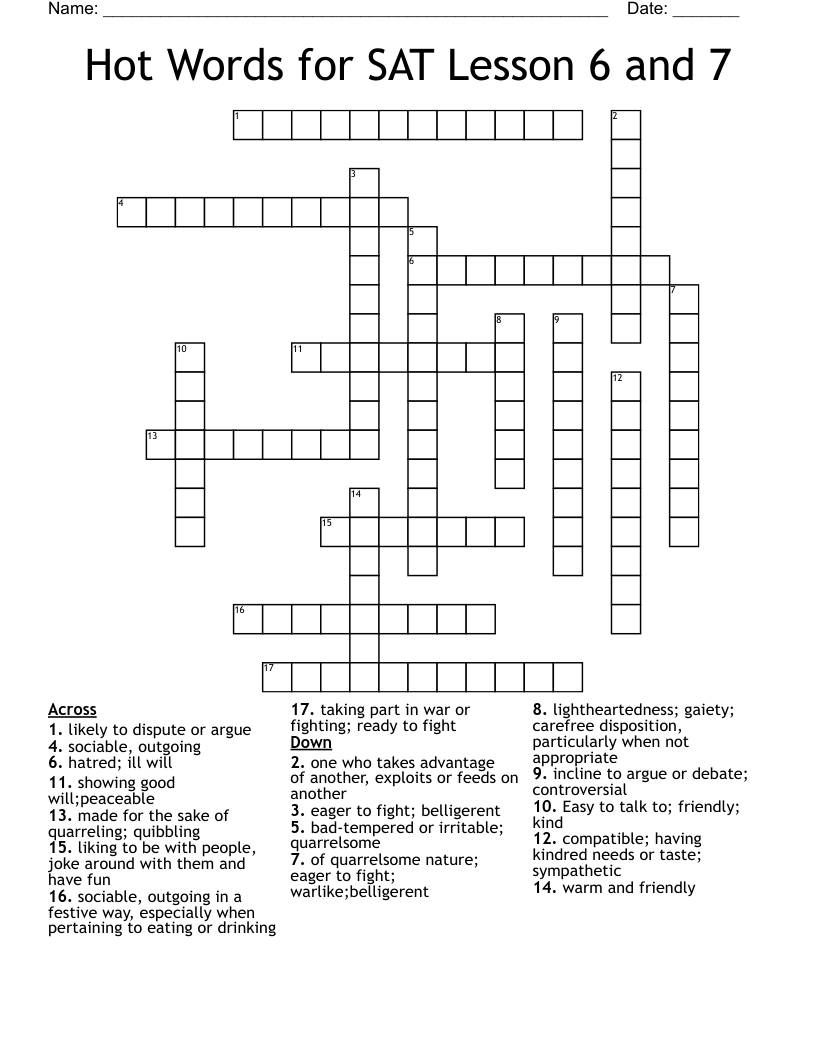Hot Words for SAT Lesson 6 and 7 Crossword