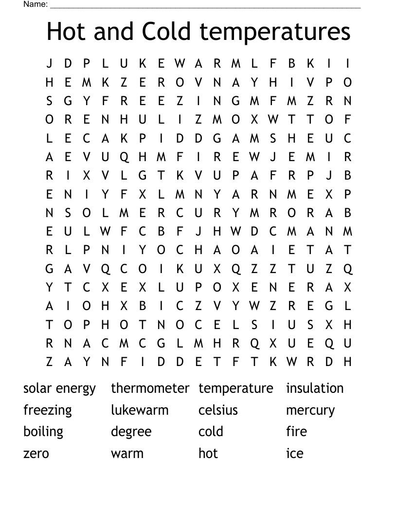 Hot and Cold temperatures Word Search