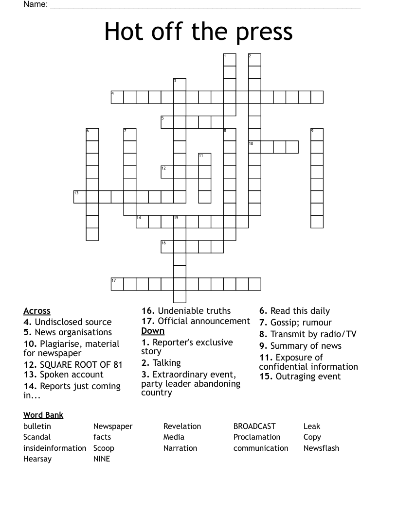 Hot off the press Crossword