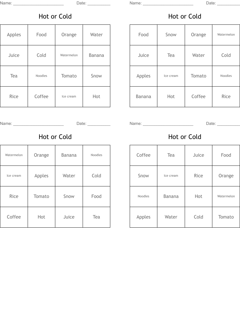 Hot or Cold Bingo Cards