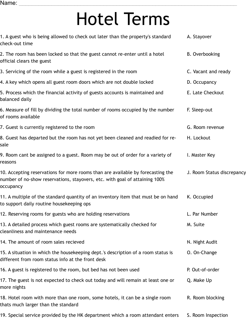 Hotel Terms Worksheet