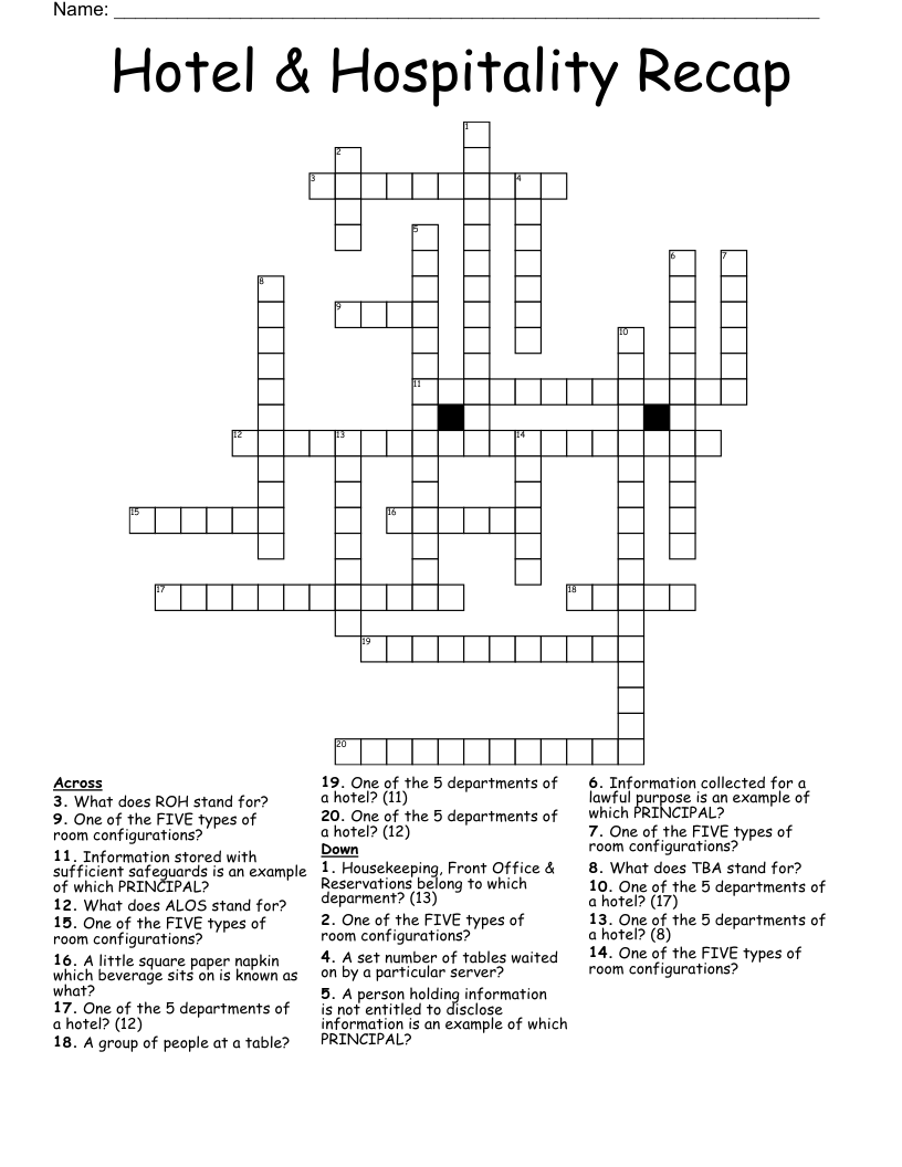 Hotel & Hospitality Recap Crossword