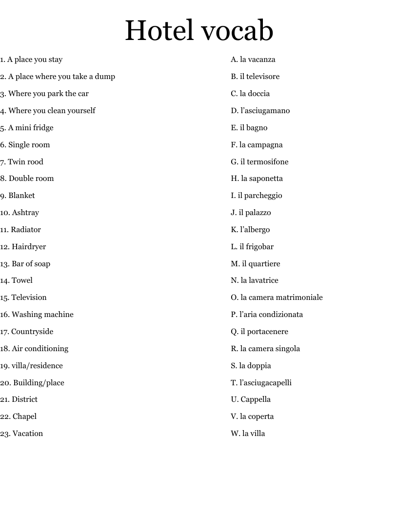 Hotel vocab Worksheet