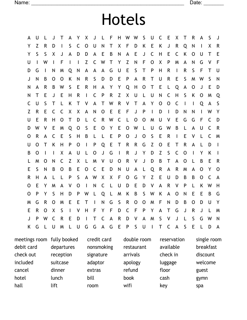 Hotels Word Search
