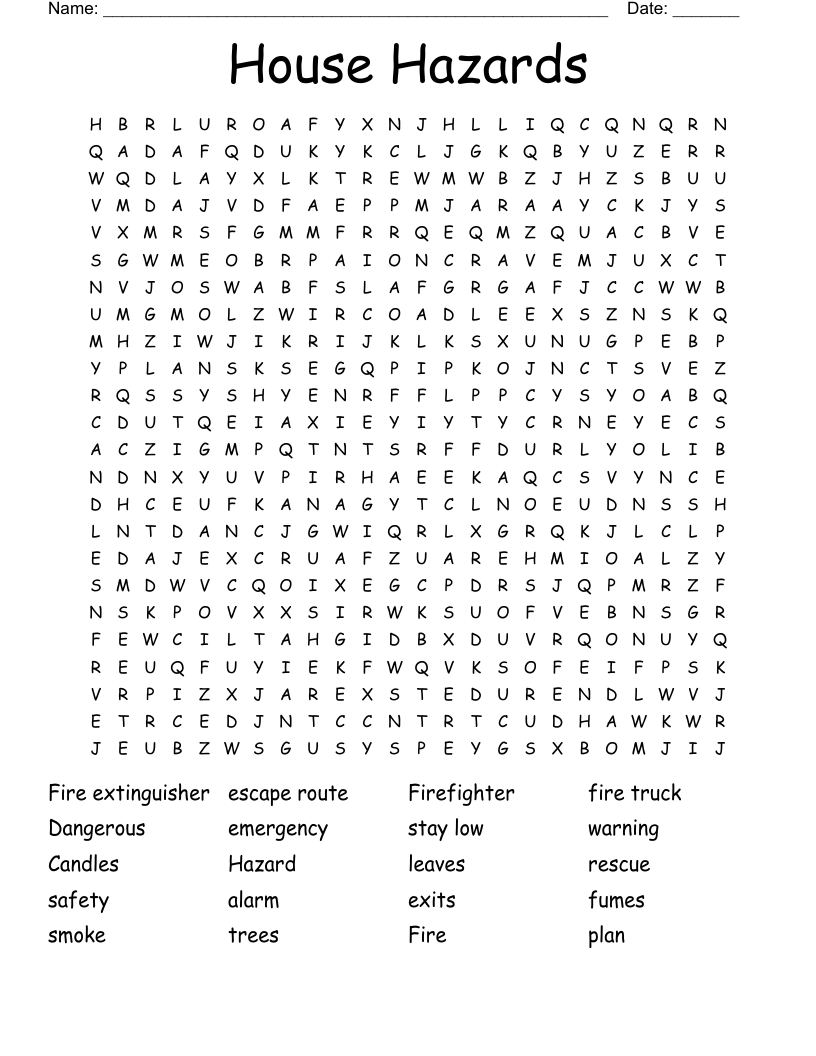 House Hazards Word Search