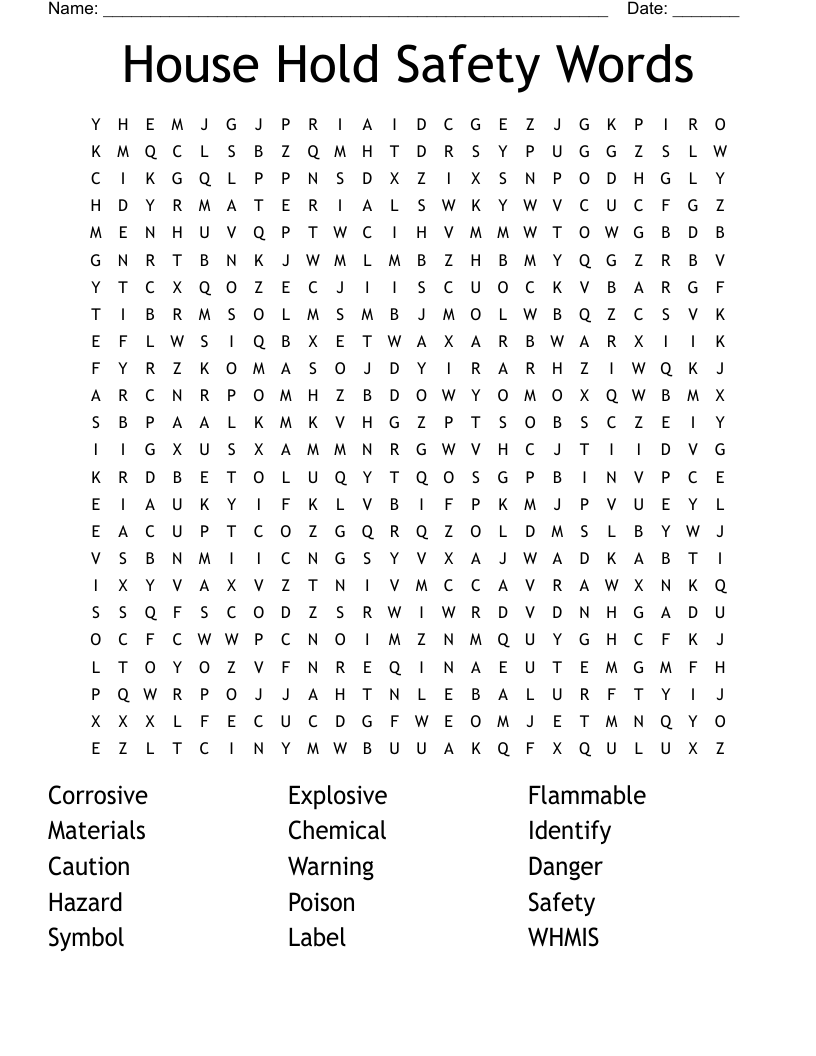House Hold Safety Words Word Search