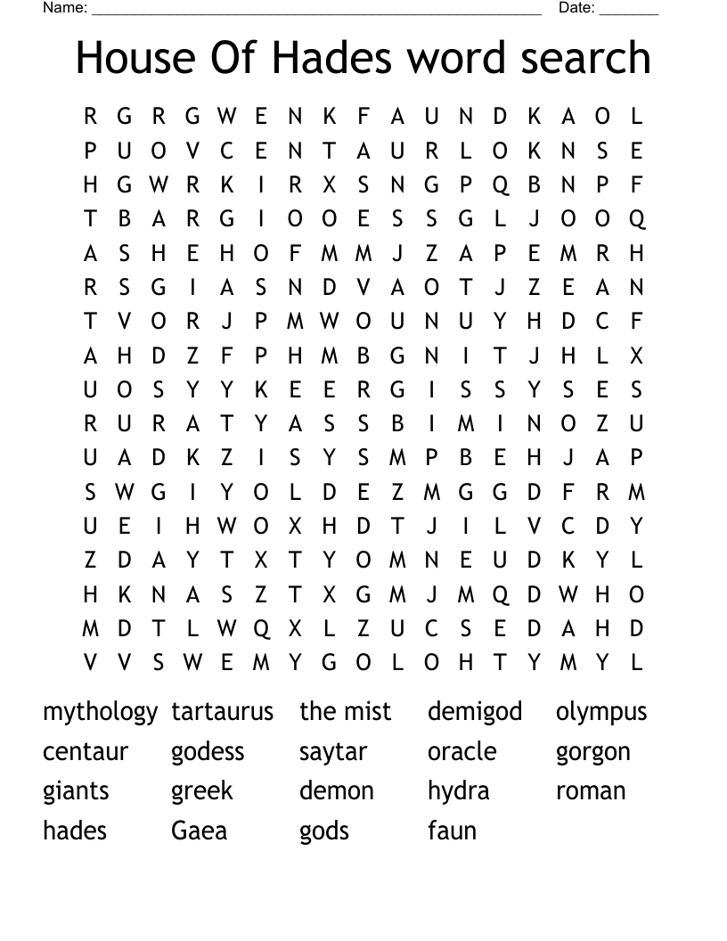 House Of Hades word search