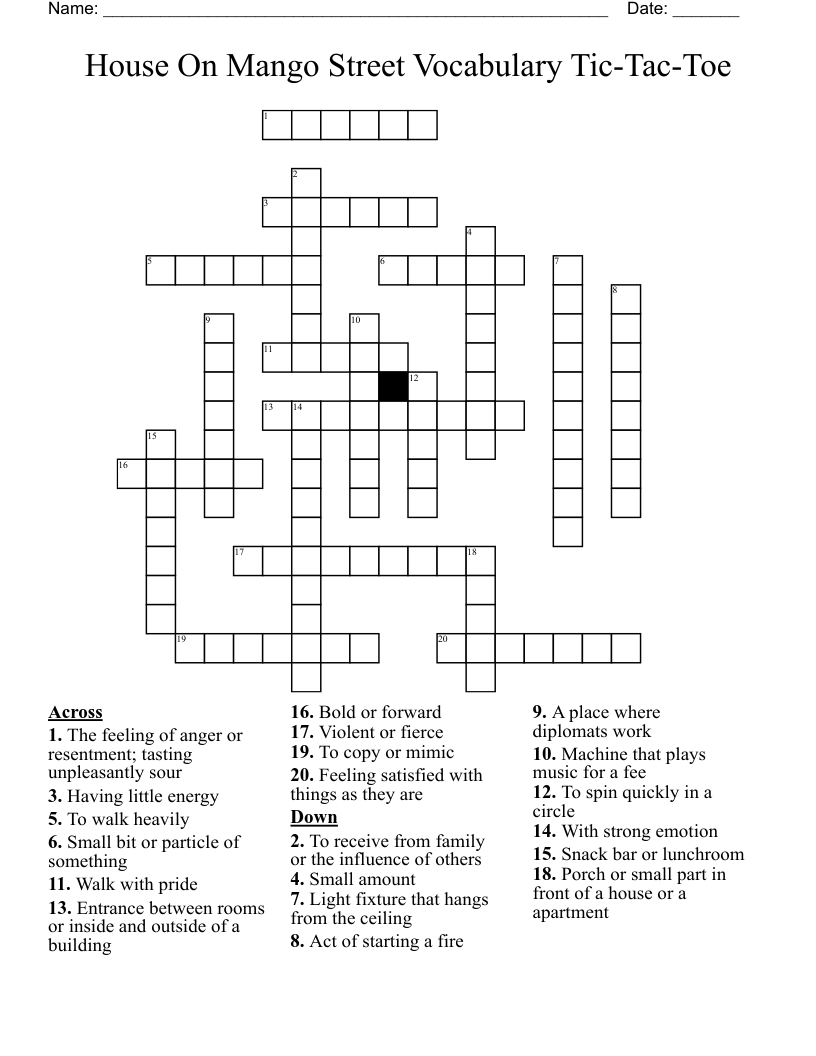 House On Mango Street Vocabulary Tic-Tac-Toe Crossword