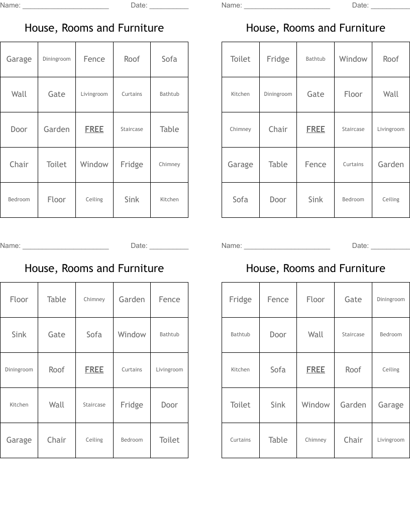 House, Rooms and Furniture Bingo Cards