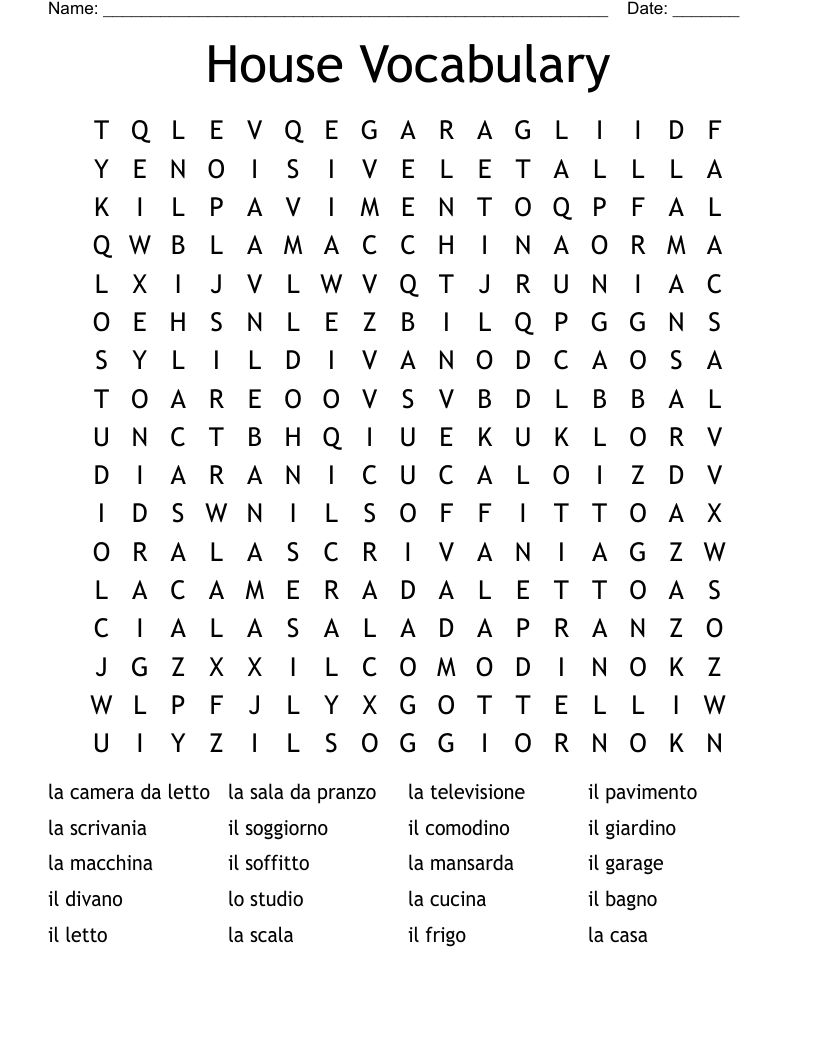 House Vocabulary Word Search