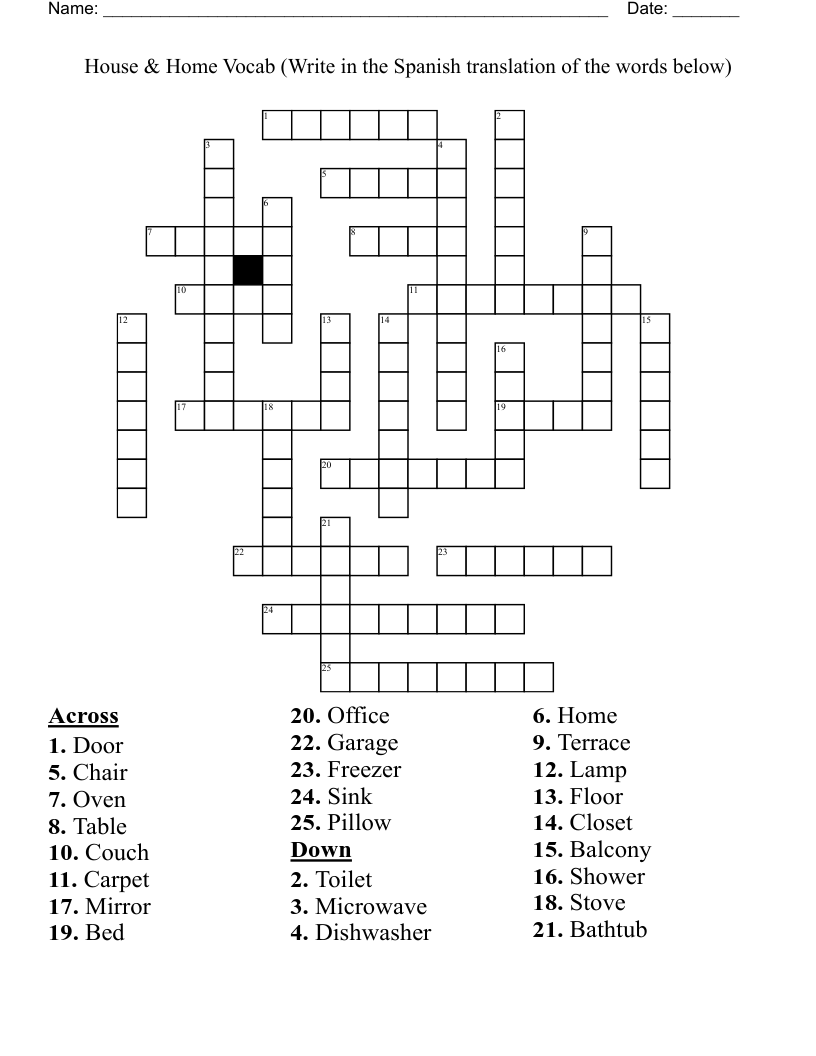 House & Home Vocab (Write in the Spanish translation of the words below) Crossword