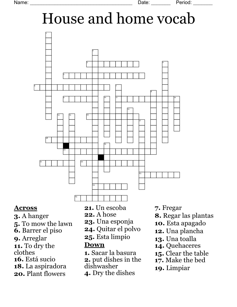 House and home vocab  Crossword