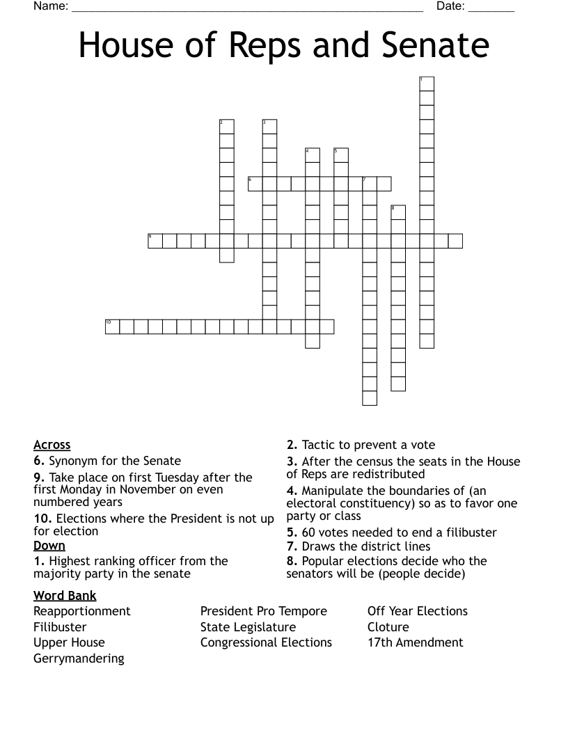 House of Reps and Senate Crossword