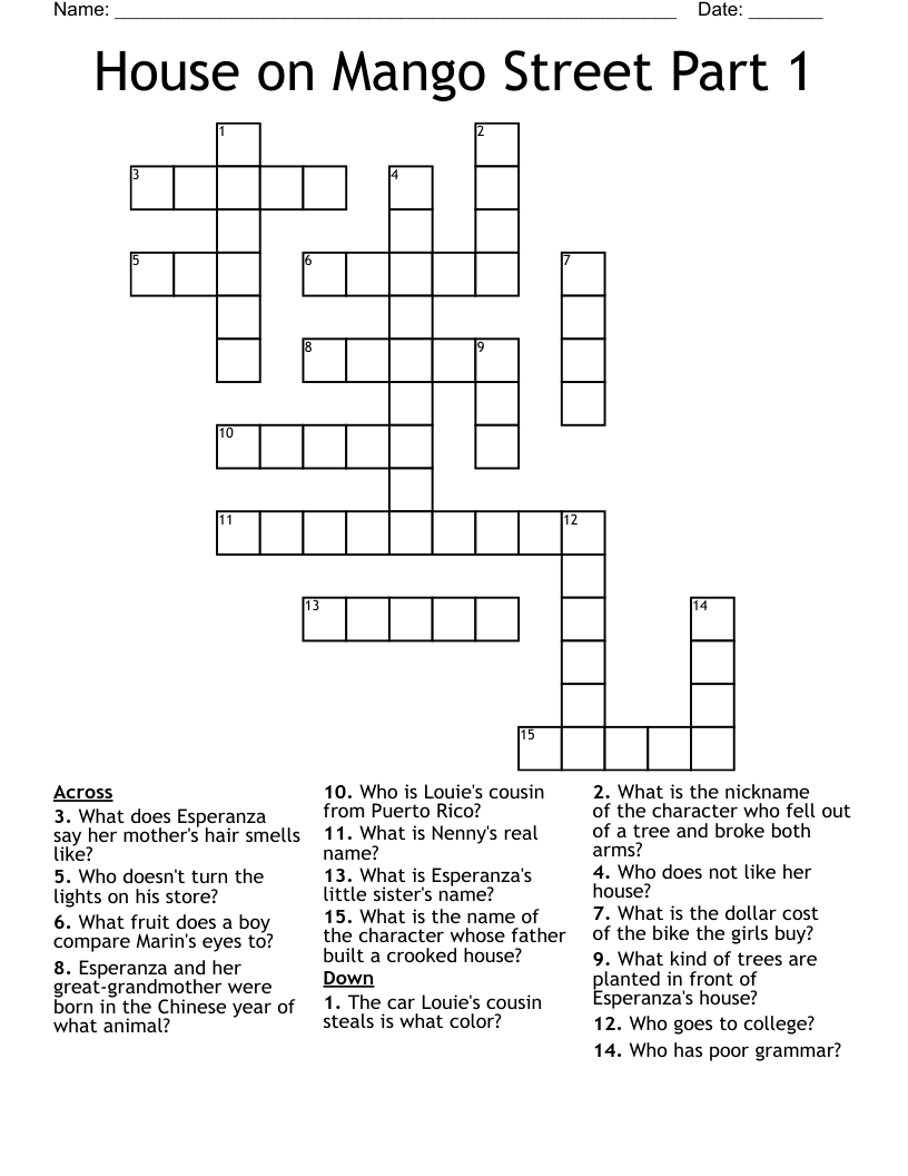 House on Mango Street Part 1 Crossword