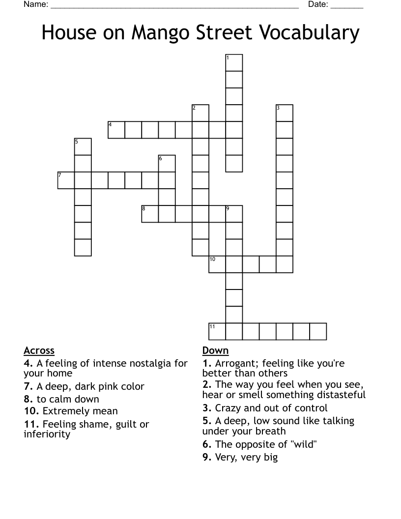 House on Mango Street Vocabulary Crossword