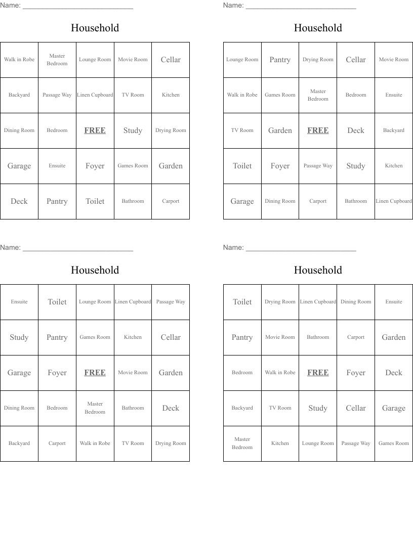 Household Bingo Cards
