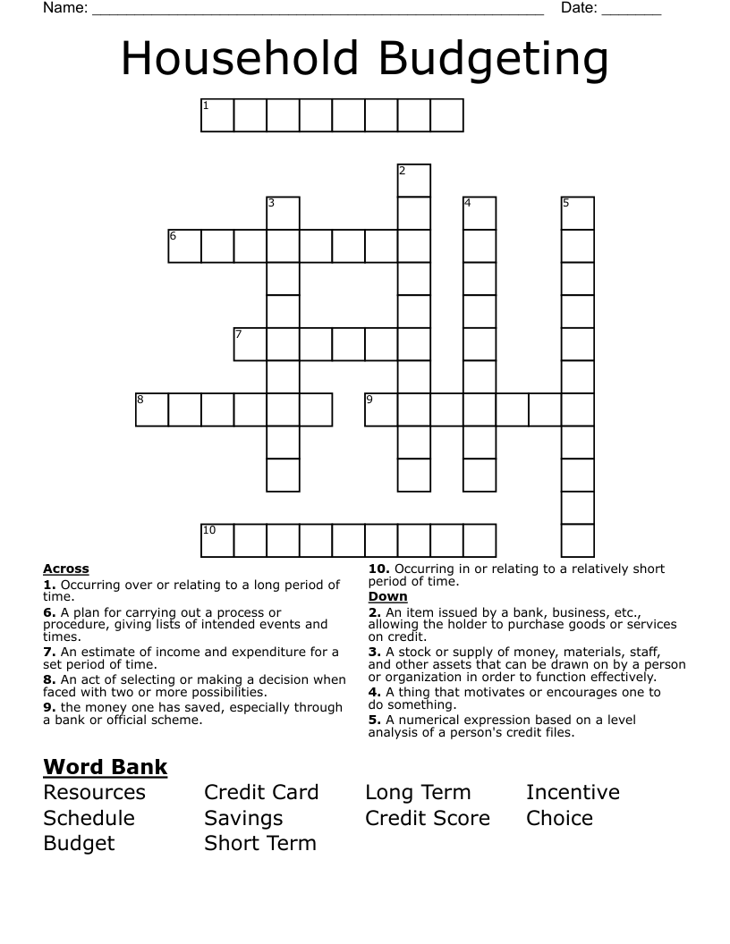Household Budgeting Crossword