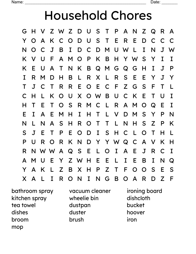 Household Chores Word Search