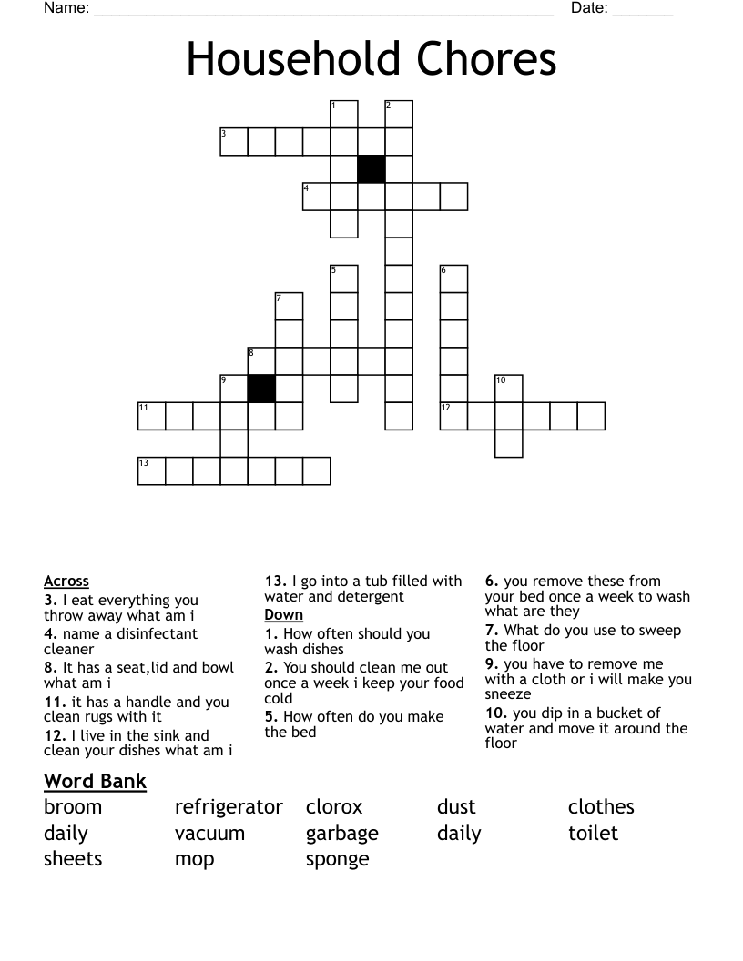 Household Chores Crossword