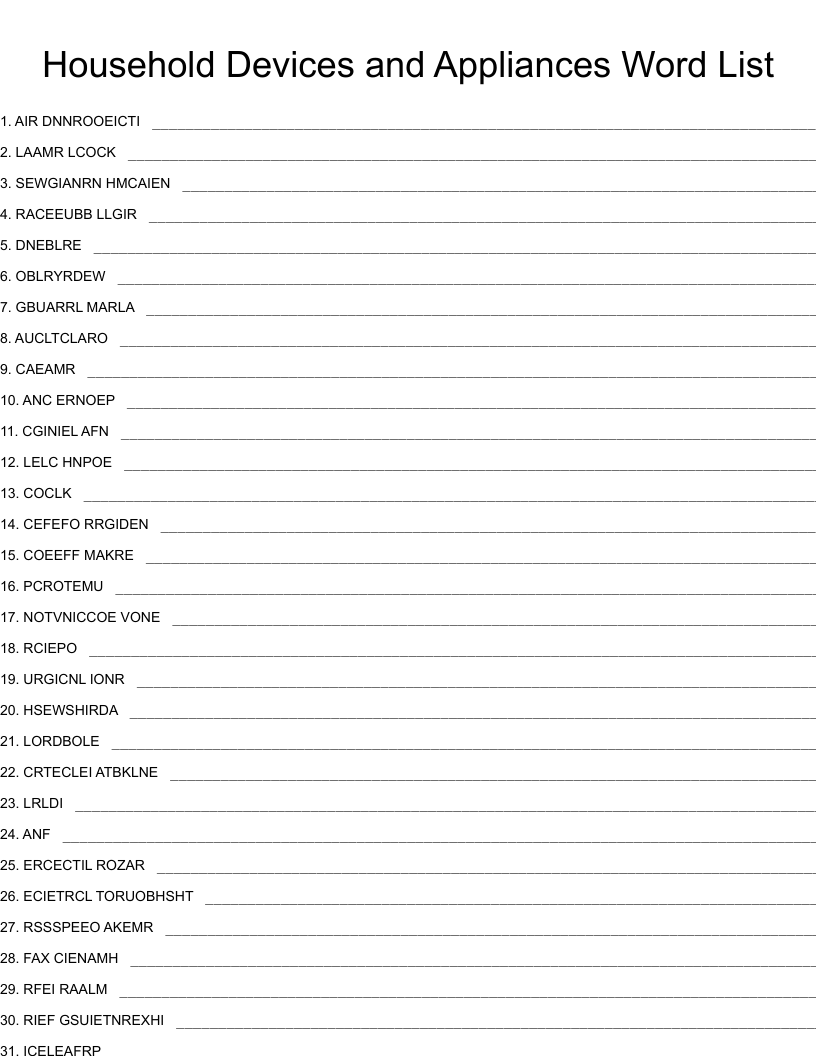 Household Devices and Appliances Word List Word Scramble