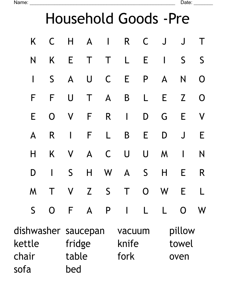 Household Goods -Pre Word Search