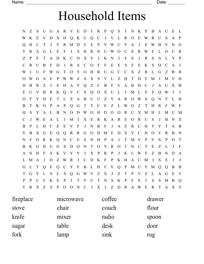 Household Items Word Search