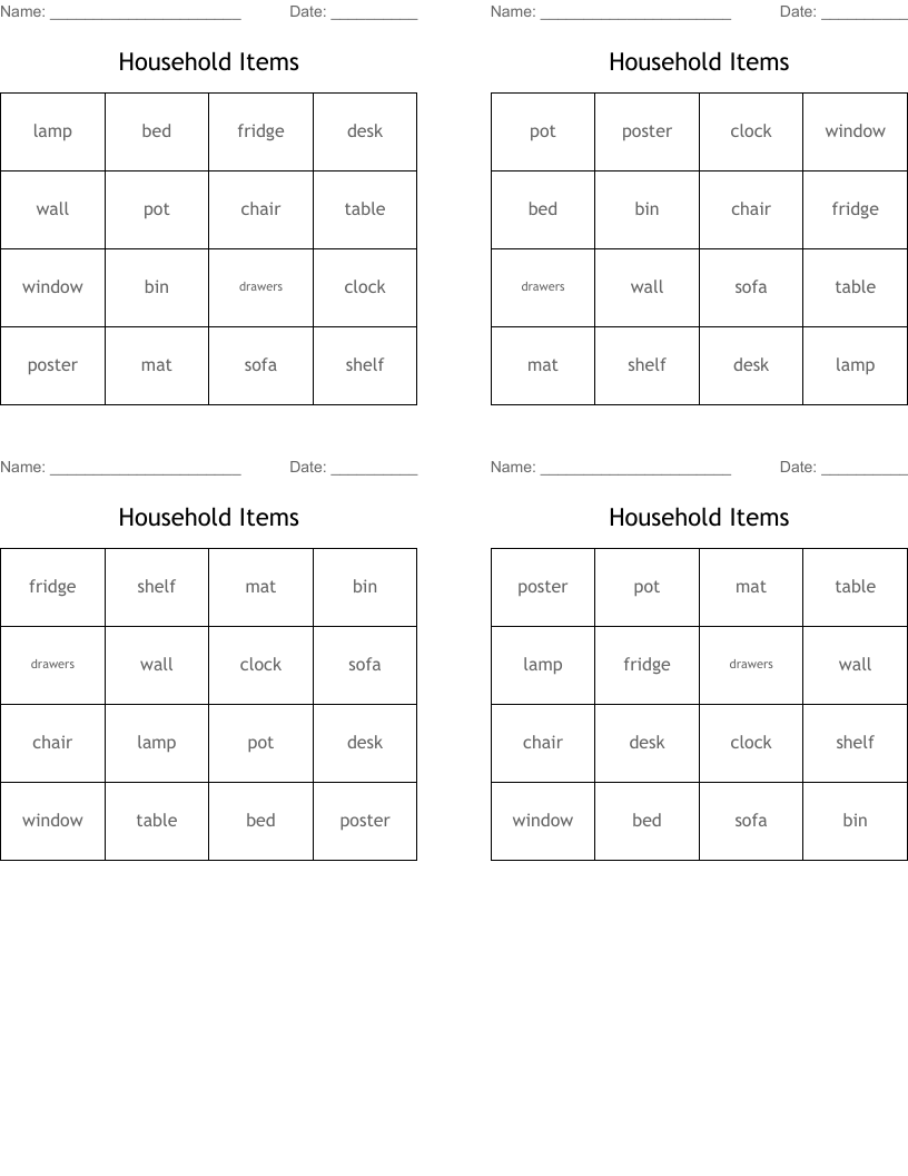 Household Items Bingo Cards