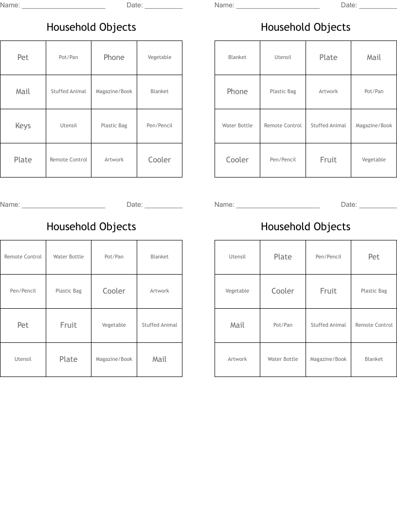 Household Objects Bingo Cards