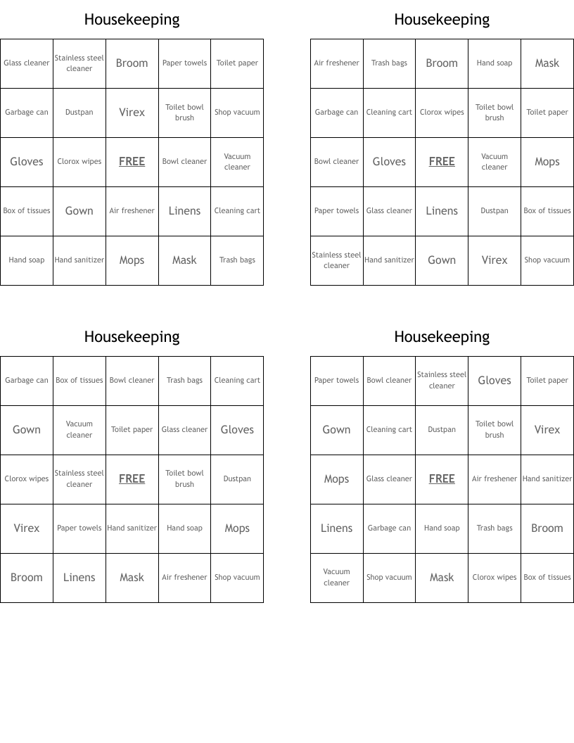 Housekeeping Bingo Cards