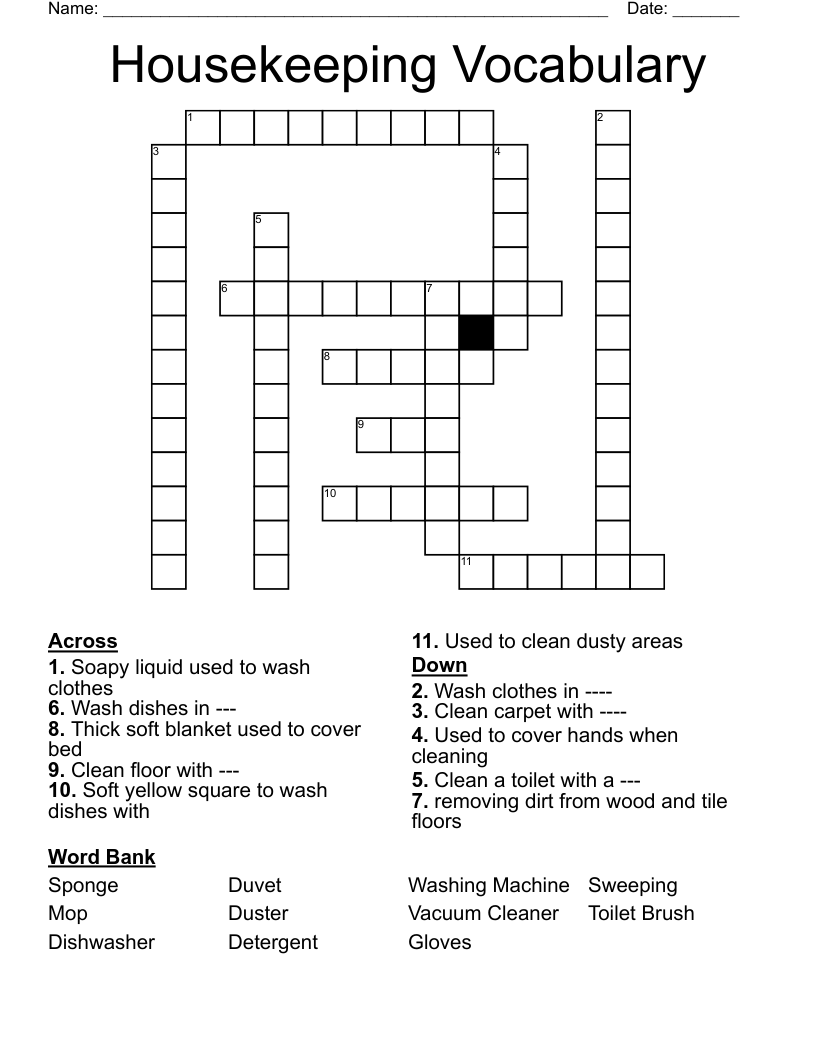 Housekeeping Vocabulary Crossword