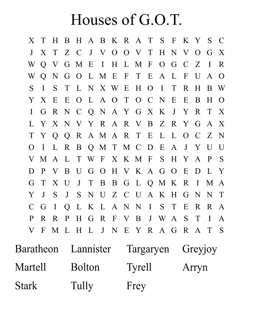 Houses of G.O.T. Word Search