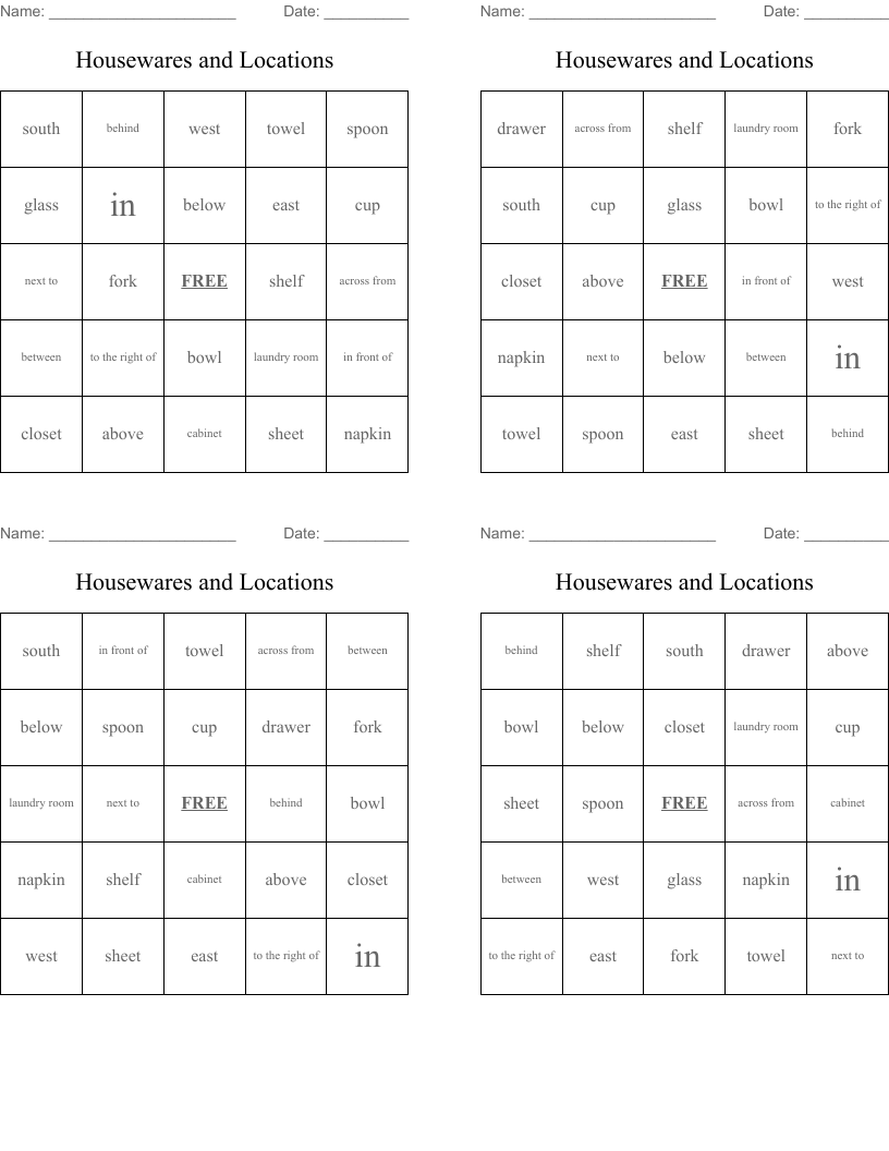 Housewares and Locations Bingo Cards