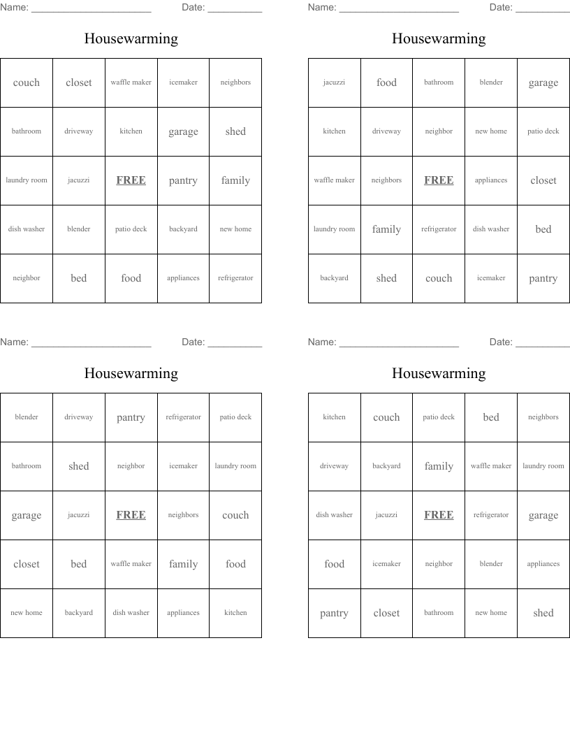 Housewarming  Bingo Cards