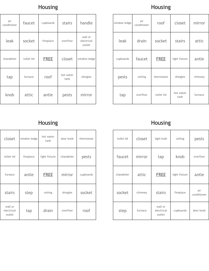 Housing Bingo Cards