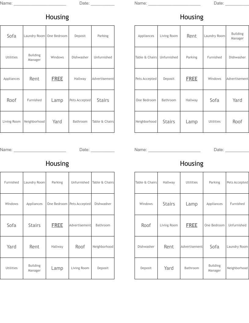 Housing Bingo Cards